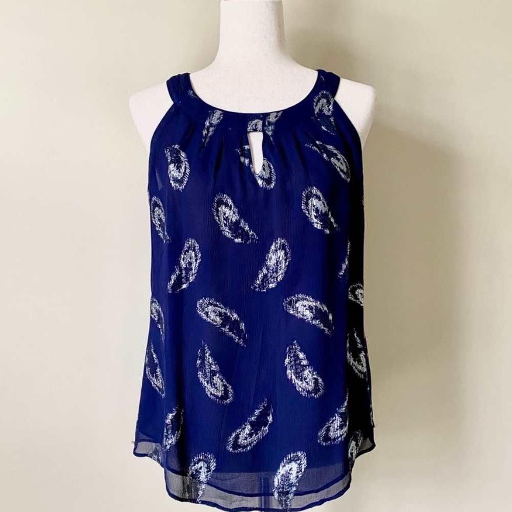 WHBM silk navy blue sleeveless halter blouse with silver leaf metallic feathers